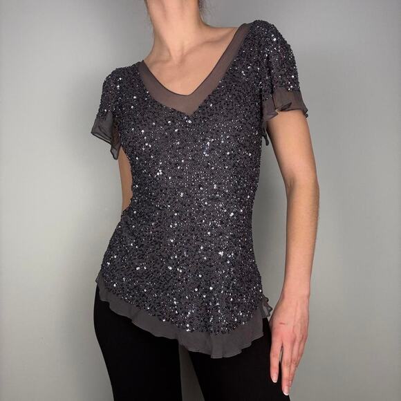 Silk beaded sequin statement top v neck formal size small Liz Jordan - Picture 6 of 8